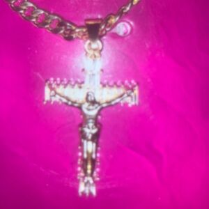 Private Label Gold Crucifix Pendant Necklace on Cuban style chain NEW NWT
